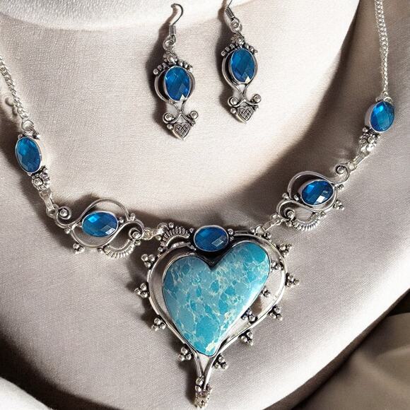 Sterling Silver Blue Howlite Heart Necklace Set With Blue Topaz Earrings - Picture 1 of 10